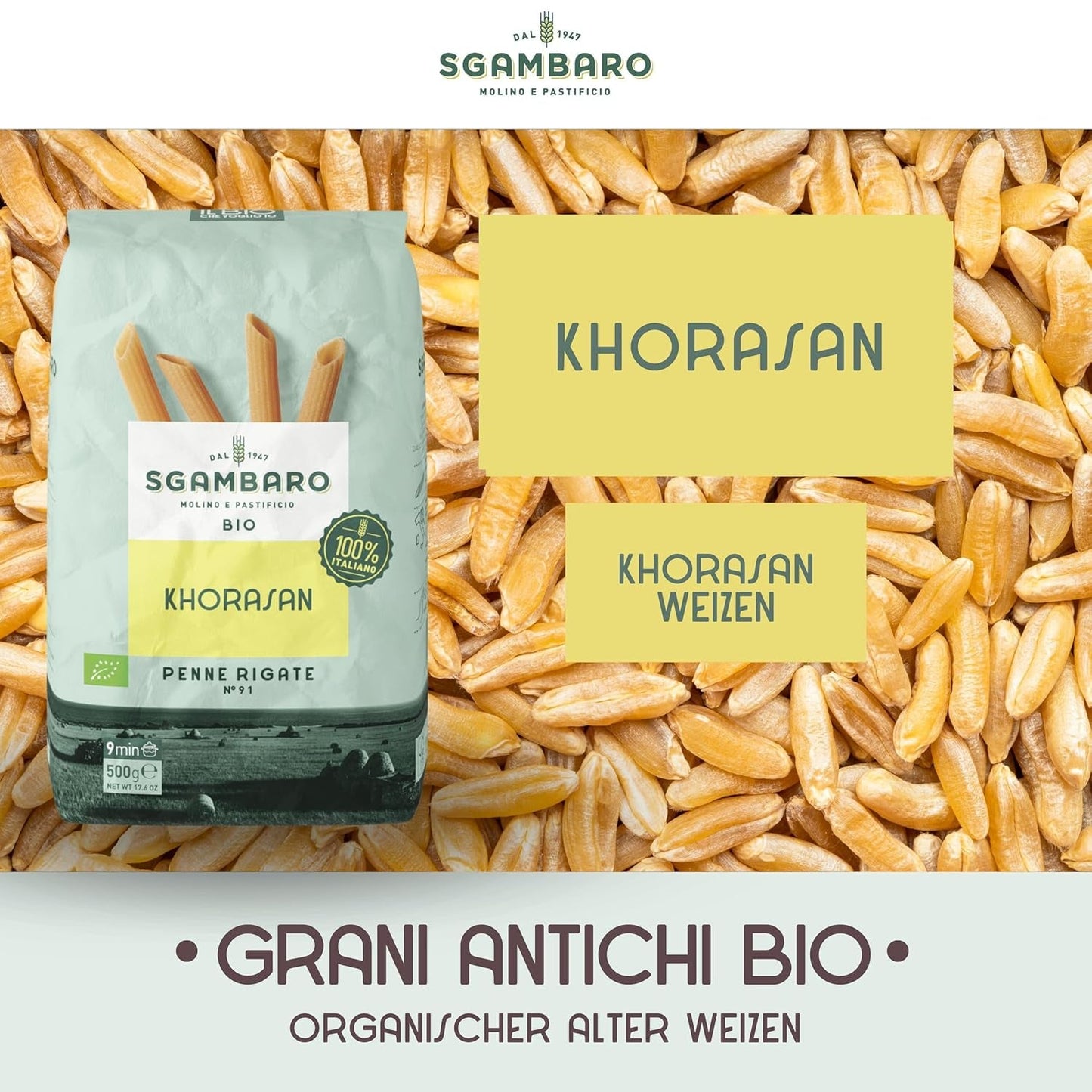 Pâtes Penne Rigate Bio N.91 - 500g de Blé du Khorasan - Blé ancien, riche en protéines, 100% cultivé en Italie - Polyvalent en cuisine et riche en nutriments