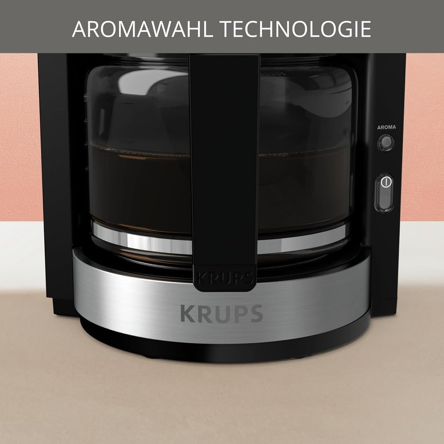 Krups KM3210 Pro Aroma Plus Machine à expresso, 10 tasses, 1,25 L, maintien au chaud pendant 30 minutes, fenêtre de niveau d'eau visible, système anti-goutte, noir avec applications en acier inoxydable