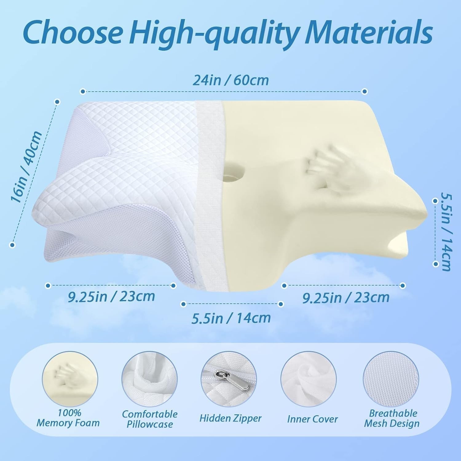 HOMCA Oreiller cervical Oreiller orthopédique 2 en 1 Oreiller en mousse à mémoire de forme Oreiller de soutien du cou Oreiller de tête ergonomique pour douleurs dorsales, latérales et abdominales 60 X 13/11 X 40 cm Naty Shop Oreillers orthopédiques cervicaux