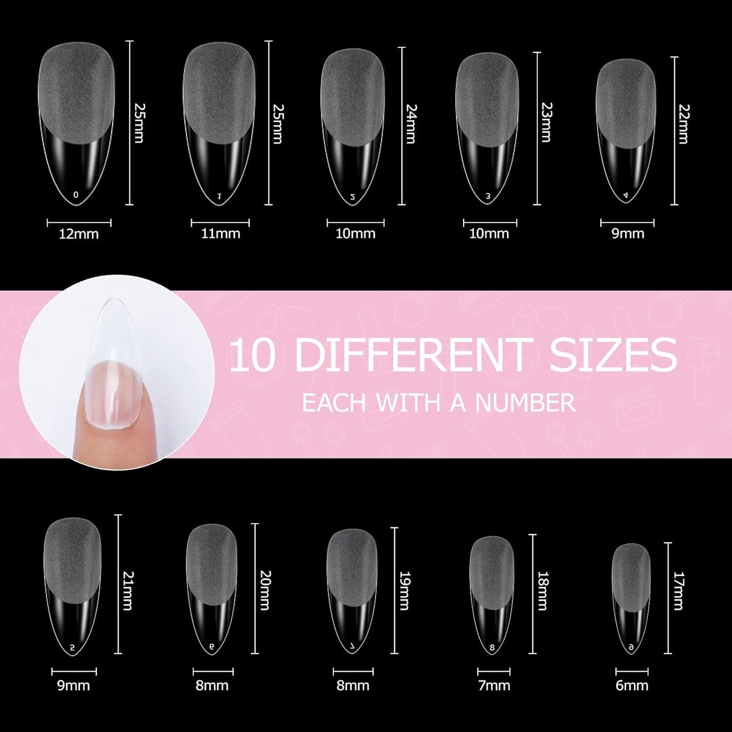 Types d'ongles, 500 pièces de faux ongles artificiels en acrylique avec boîte de rangement pour salons de manucure et bricolage à domicile, 10 tailles