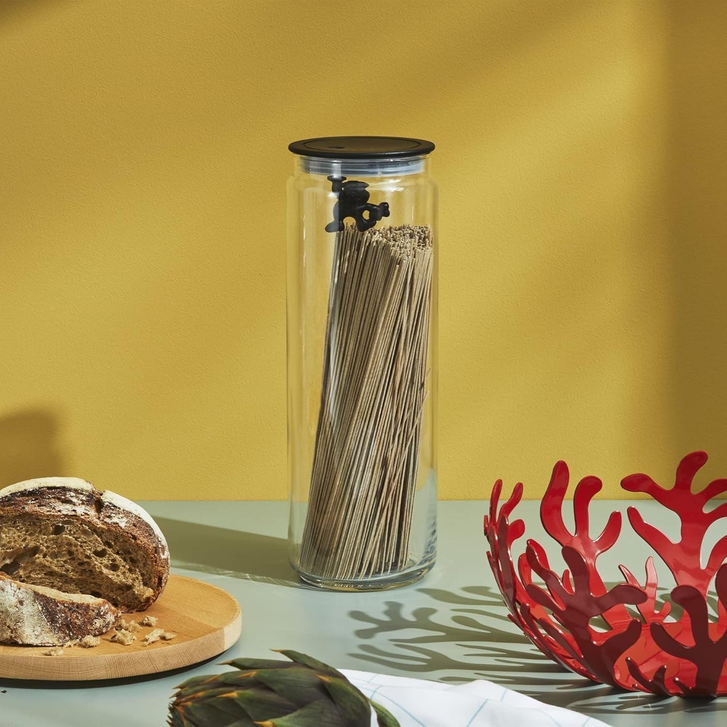 Alessi Pot de cuisine en verre "Gianni" avec couvercle scellé, résine thermoplastique, noir, 27,5 x 13,5 x 28 cm Boîtes de conservation alimentaire Naty Shop