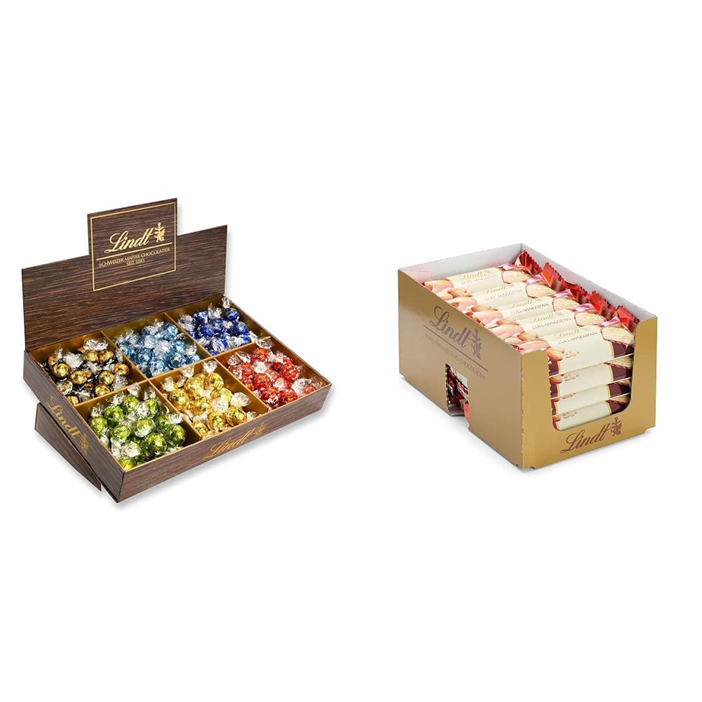 Présentation du dessus de chocolat Lindor | 1718 g and chocolate bars with marzipan | 25 barres x 50g en présentoir | 1250g | Pâte d'amande pure recouverte de chocolat noir | Barres de chocolat
