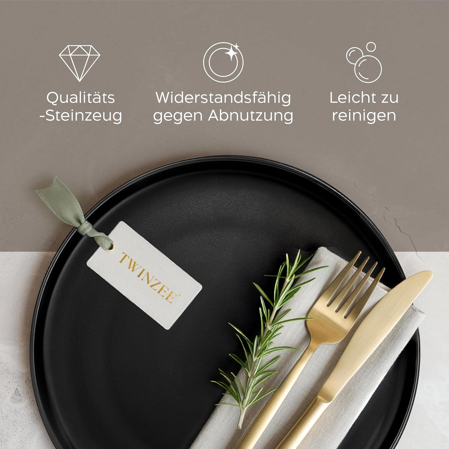 Ensemble d'assiettes en grès pour 6 personnes – Noir mat, 6 pièces, grandes assiettes allant au micro-ondes, design élégant – Collection Twinzee Ebony