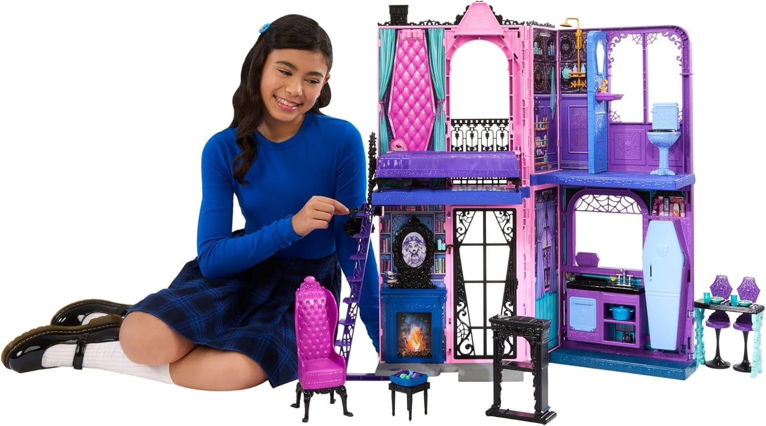 Monster High Buh-tique Hotel Dollhouse, ensemble de jeu pliable avec des surprises effrayantes dans chaque pièce et plus de 13 ensembles de jeu, y compris des meubles et des accessoires, JBF16