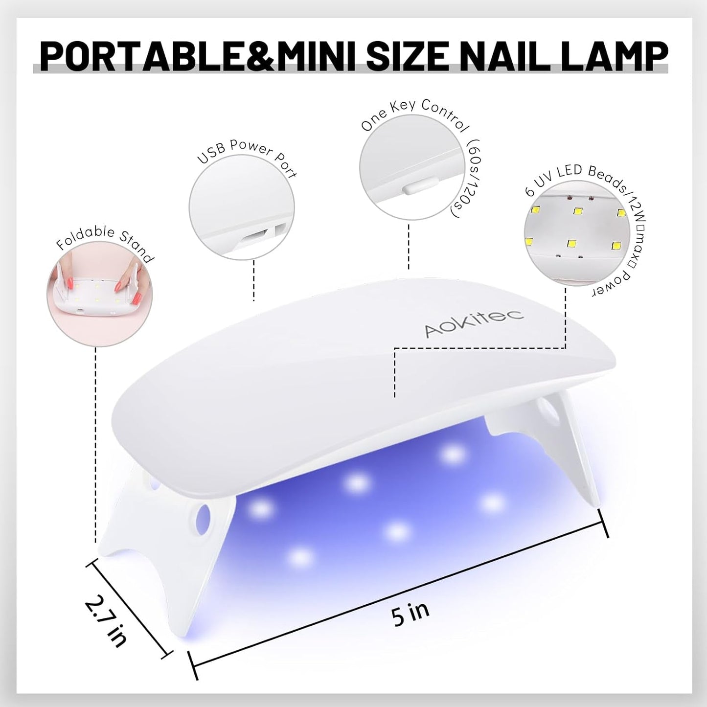 Aokitec Mini lampe UV LED, lampe à ongles gel UV, sèche-ongles portable pour tous types de vernis à ongles en gel, outil de durcissement en forme de souris, compact, léger avec câble USB (blanc)