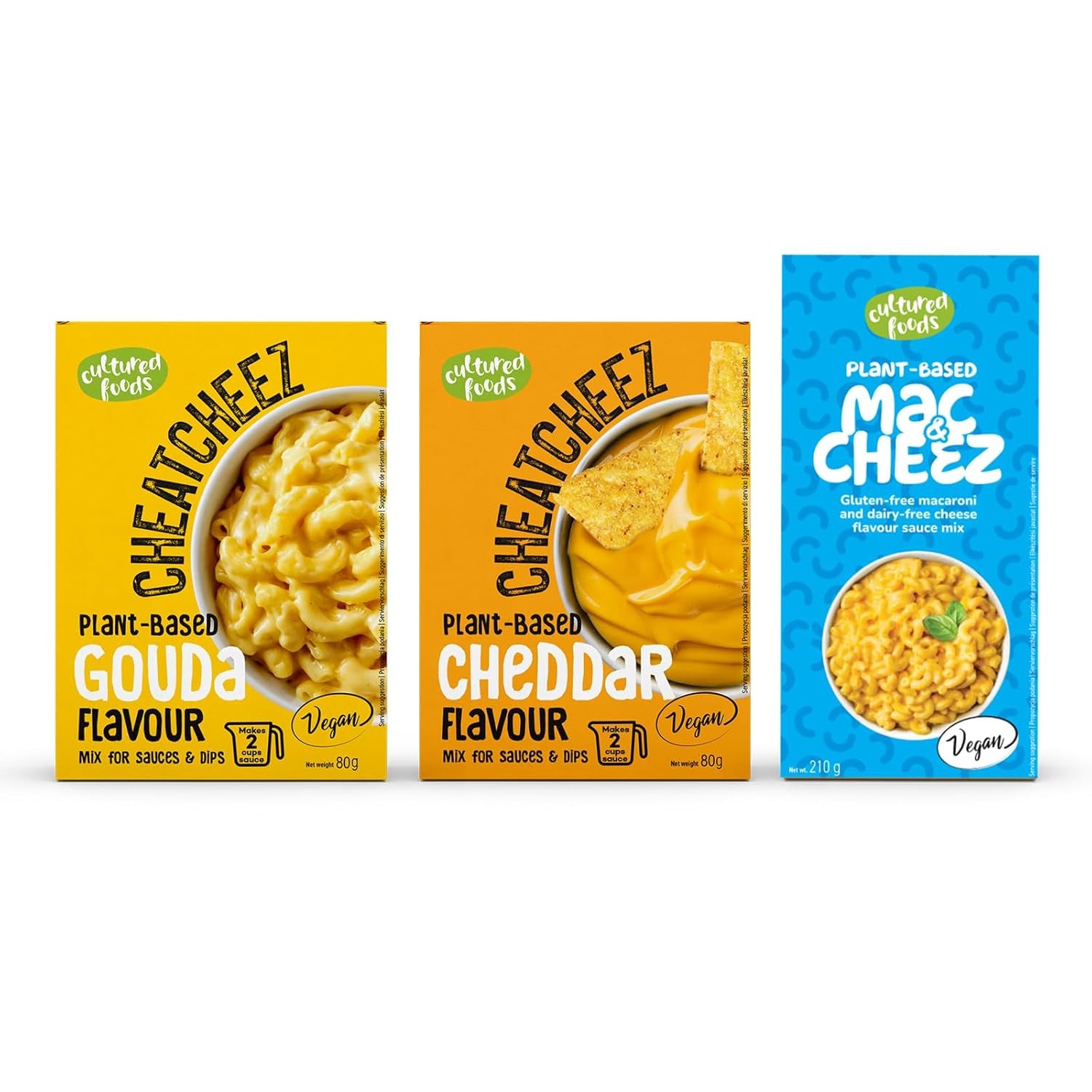 Cultured Foods Vegan 3-er Set Macaroni au fromage végétalien, sauce Gouda, sauce cheddar, Laktosefrei sans gluten MAC & CHEEZ CHEATCHEEZ