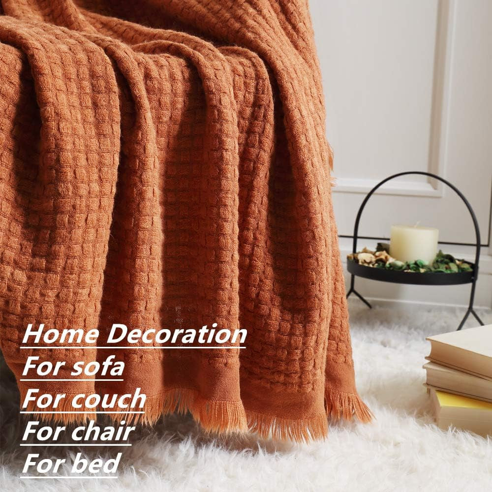 CREVENT Couverture tricotée rouille pour canapé, chaise, lit, décoration d'intérieur, douce, chaude, confortable, légère, printemps, été, automne (127,8 x 152,4 cm caramel/marron/orange brûlé) CREVENT Lits et couvertures