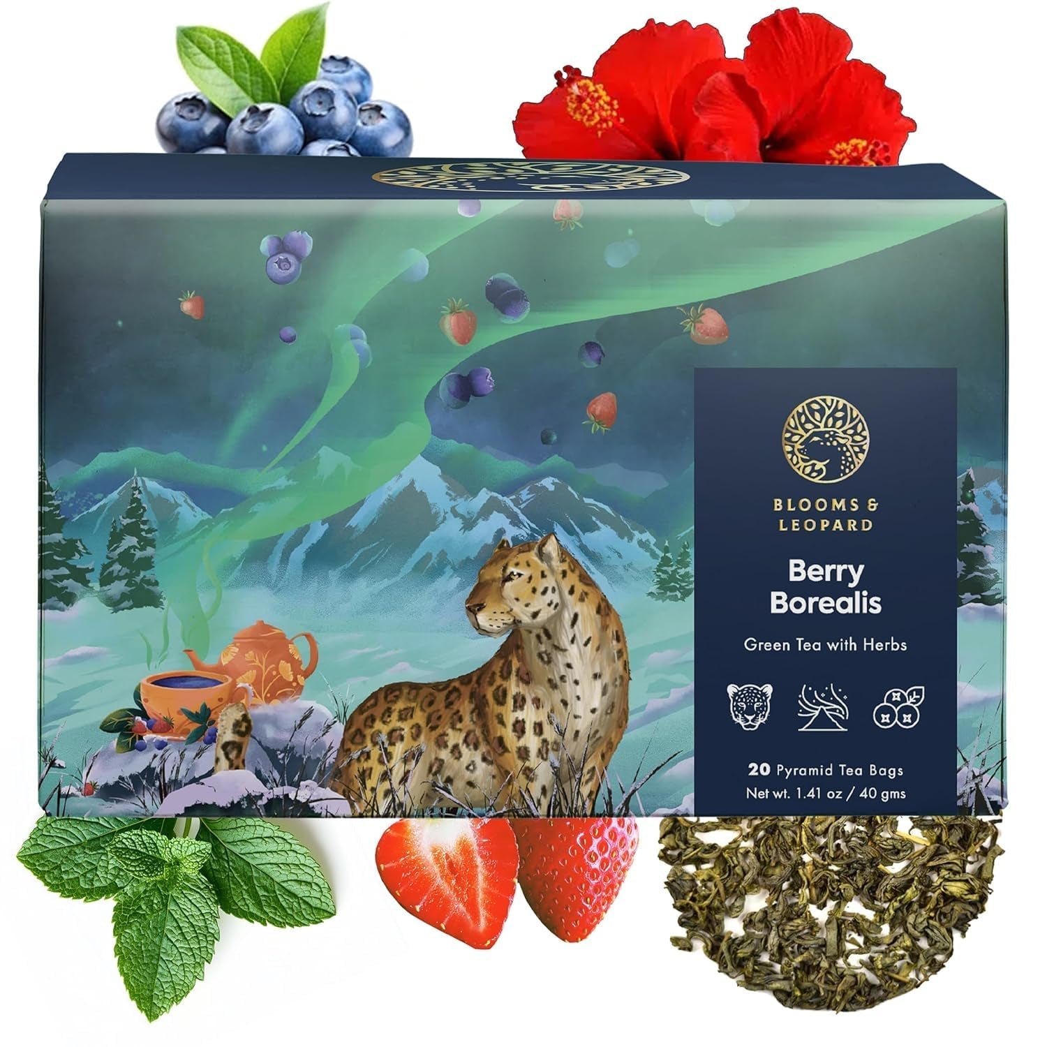 Sachets de thé vert Blooms & Leopard Premium – Mélange de baies boréales avec hibiscus, myrtille, fraise et menthe verte – 20 sachets de thé pyramidaux pour thé chaud ou froid
