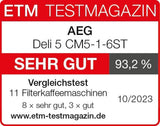 Machine à expresso AEG Deli 5, 1,5 l, minuterie programmable, fonction maintien au chaud, arrêt de sécurité, indicateur de niveau d'eau, dosage optimal, fonction anti-goutte, acier inoxydable, CM5-1-6ST