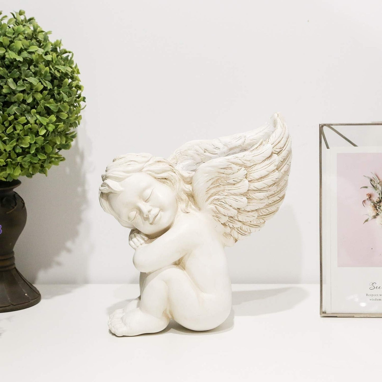 Pot de fleurs monté sur mur et surface plane 20 cm de hauteur Tête d'ange Support mural Support de fleur Vase Visage de poupée Pot en résine Pots de récipient pour plantes de table