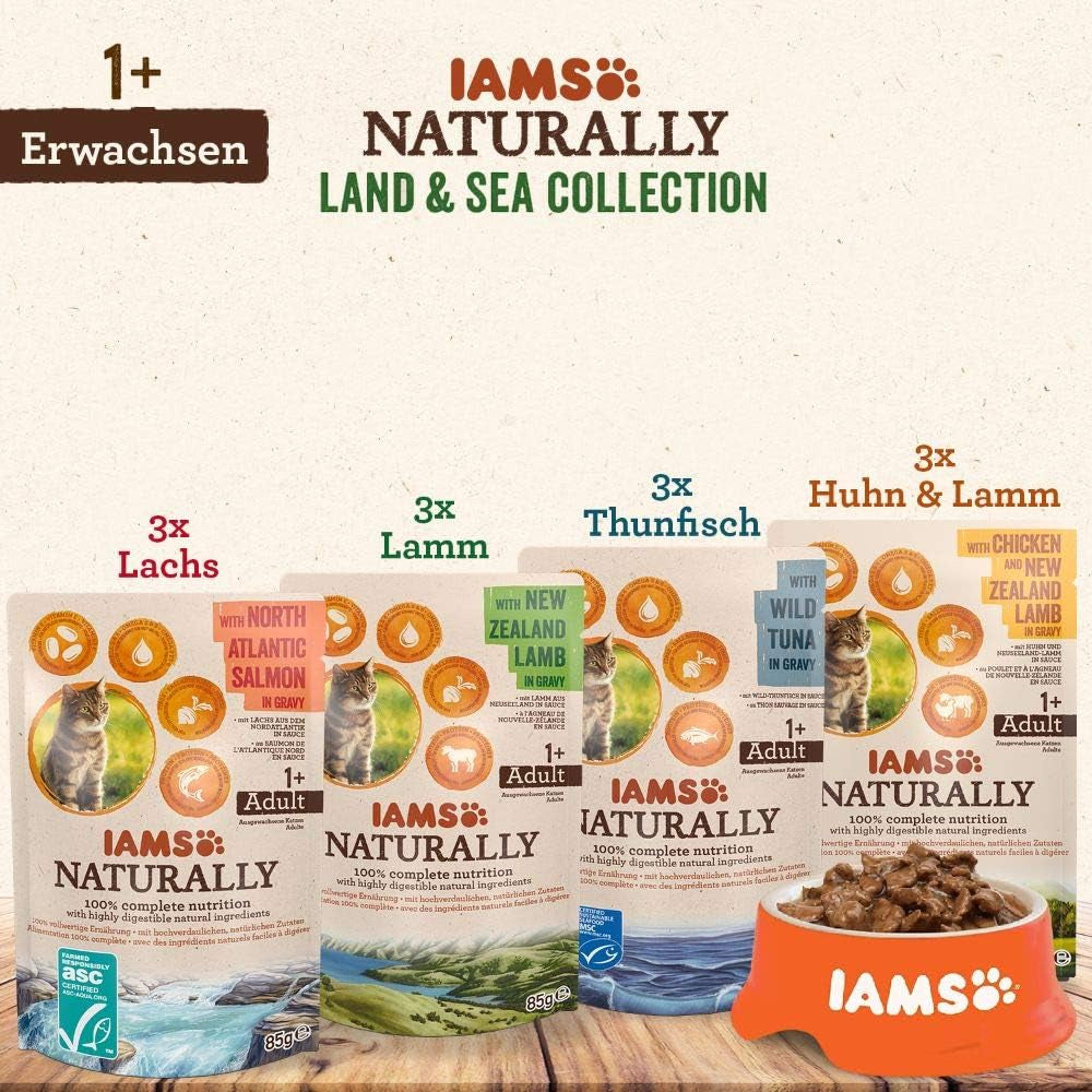 IAMS Natural Wet Cat Food in Sauce - Nourriture humide à base de viande et de poisson de haute qualité pour chat adulte, Collection Land & Sea, 12 x 85 g