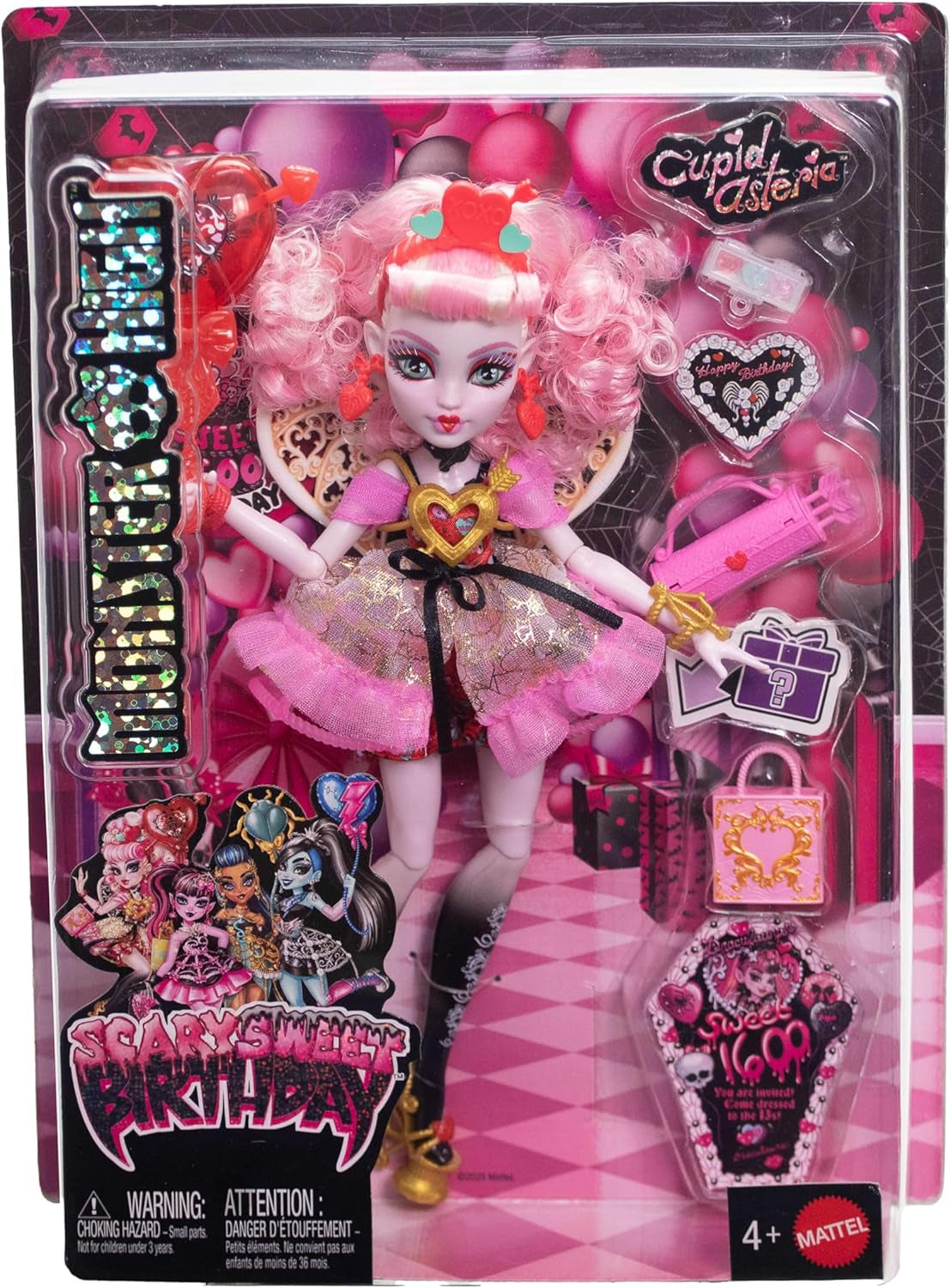 Poupée Monster High Scary Sweet Birthday Cupidon Asteria en robe de soirée rose et rouge avec accessoires à thème comme une invitation, un ballon, un cadeau et plus encore, JBG77