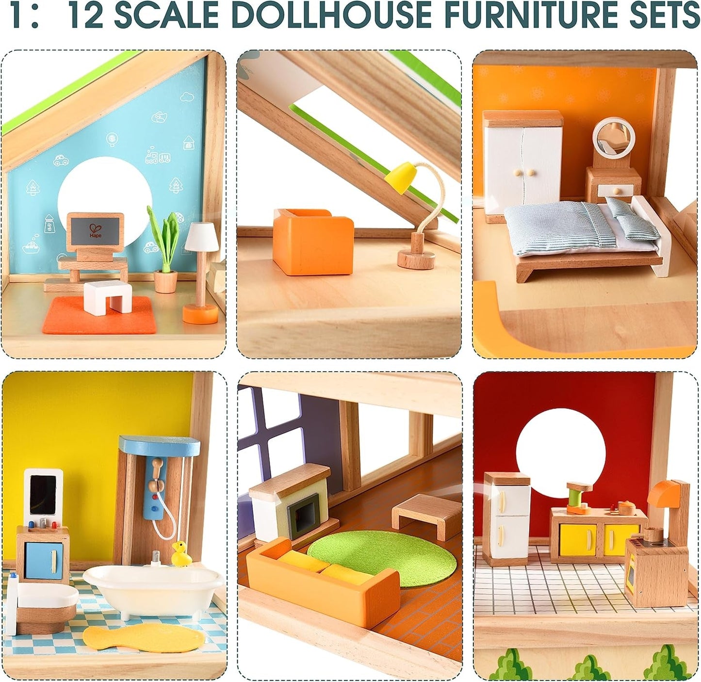 Hape Four Seasons Dollhouse - maison de poupée en bois primée à trois étages avec meubles, accessoires, escaliers coulissants et toit réversible pour toutes les saisons, pour les enfants de 3 ans et plus