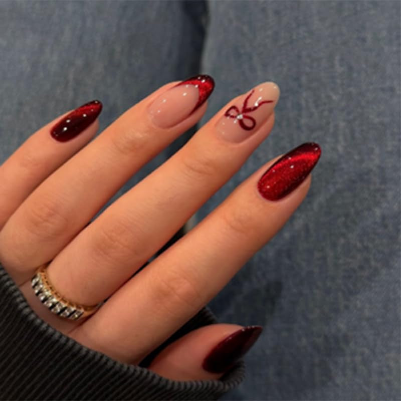 Moonglow Faux Ongles Magnétiques Courts, Rose Amande Rouge Dégradé Paillettes Oeil de Chat avec Colle, Rose Rouge Ombre Paillettes Photothérapie Ongles Artificiels pour Femmes et Filles