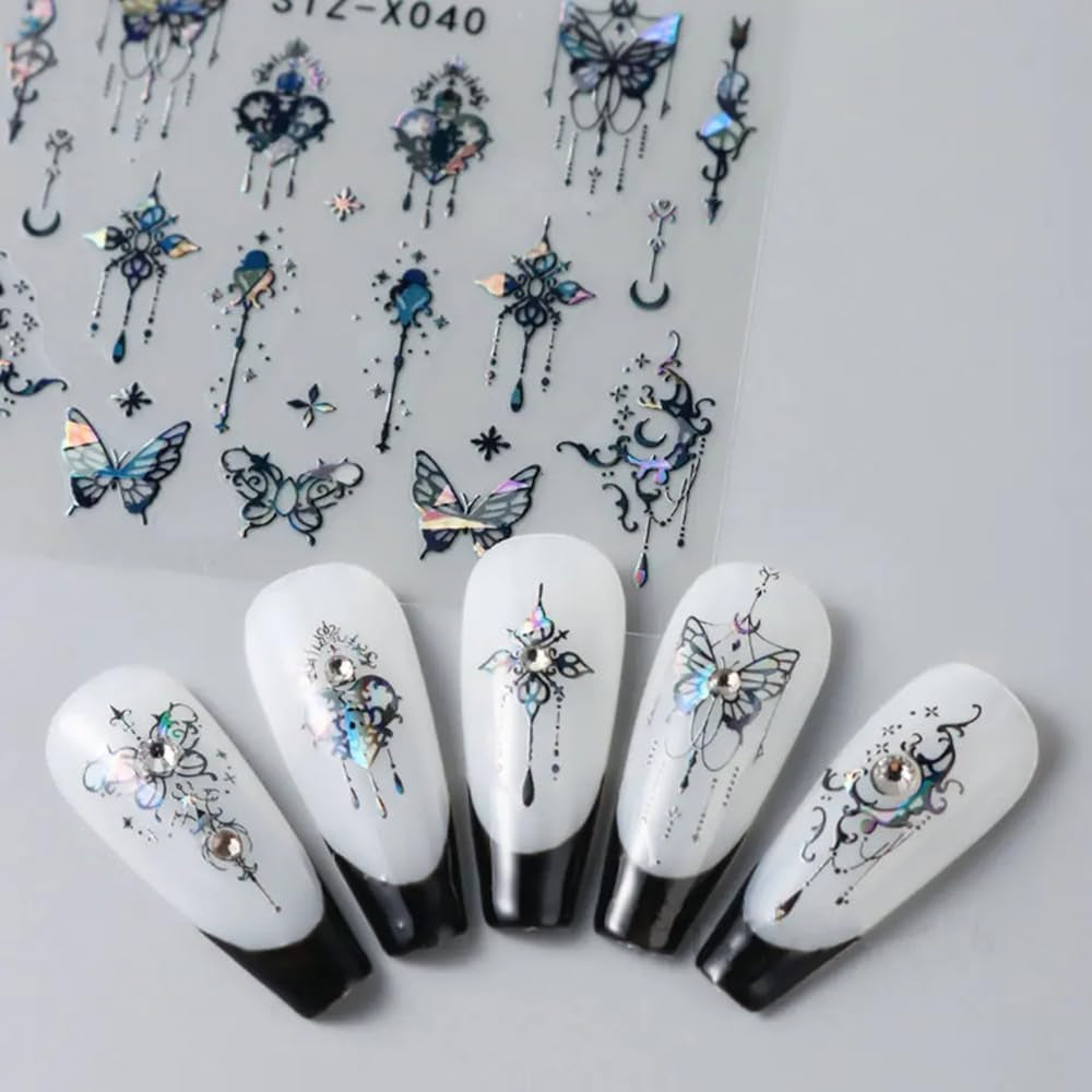 Autocollants d'ongles 3D métallisés Schwarz Schmetterling - Autocollants d'ongles Aurora rose laser - Autocollants d'art d'ongles papillon punk - Autocollants d'ongles argentés - Nageldesign Zubehör