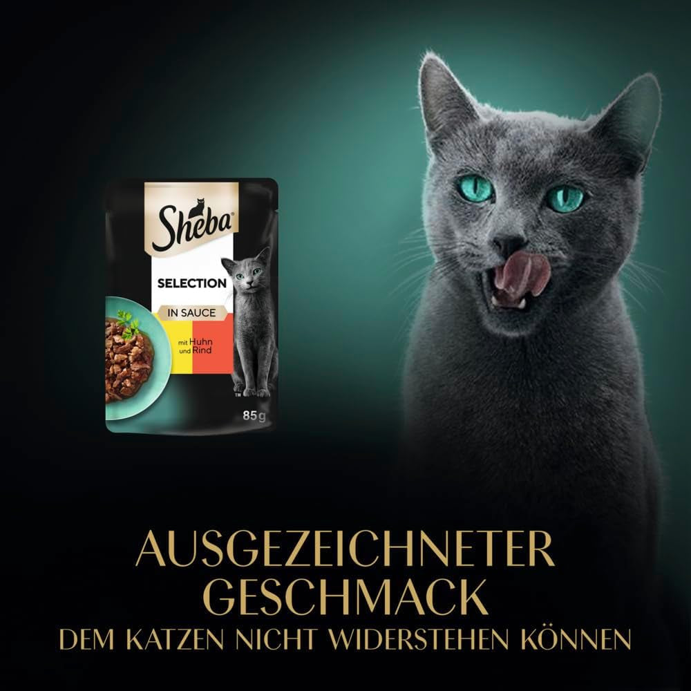 Nourriture humide pour chats Sheba Selection en sachets portionnés avec poulet et bœuf en sauce 28x85g