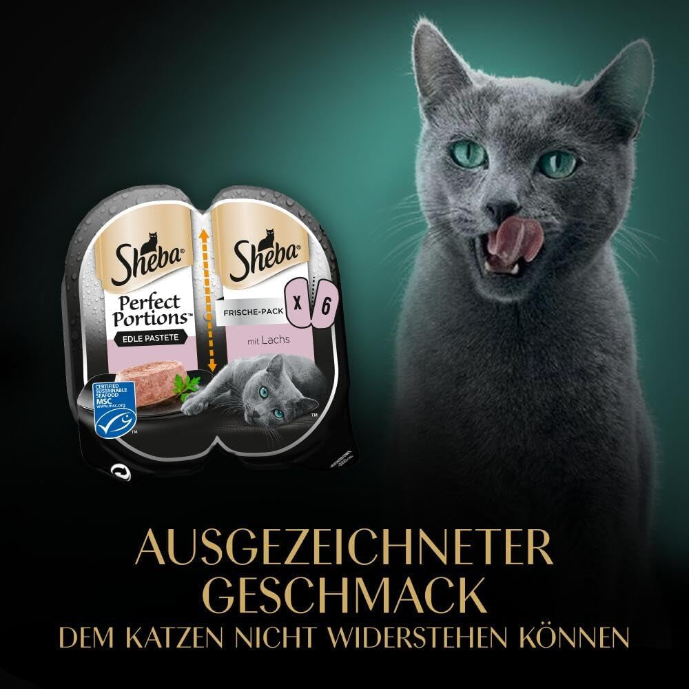 Pâté SHEBA Perfect PORTIONS pour chats au saumon, certifié MSC, 8 x 3 x (2 x 37,5g) = 225g (L'emballage sera mis à jour)