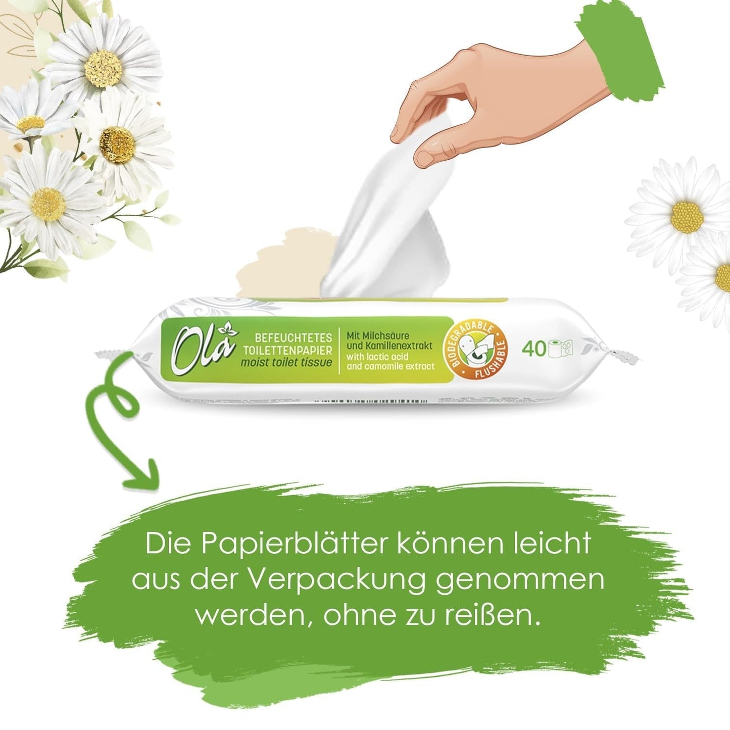 Papier toilette humide OLA - (1X40 pièces) Lingettes humides - extrait de camomille et acide lactique, lavables, peaux sensibles - 40 pièces
