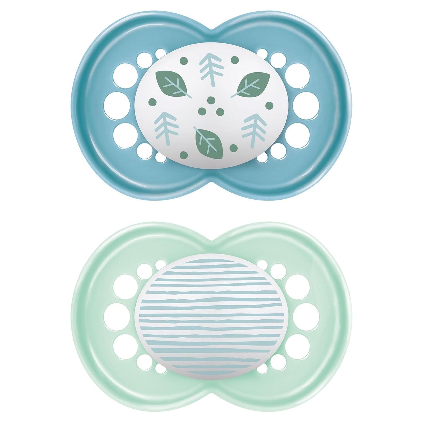 Sucette MAM à partir de 6 mois avec tétine symétrique, plate et flexible, en silicone souple, facile à utiliser, avec boîte auto-stérilisante, Originale, Bleu clair, 2 pièces