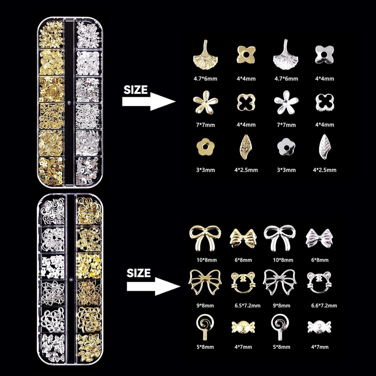 Coffret de 4 porte-clés à ongles – 48 types de porte-clés à ongles 3D dorés et argentés (papillons, fleurs, perles, etc.) + pince à épiler et stylo – pour ongles en gel et acrylique DIY | Idéal pour le salon de manucure et la maison
