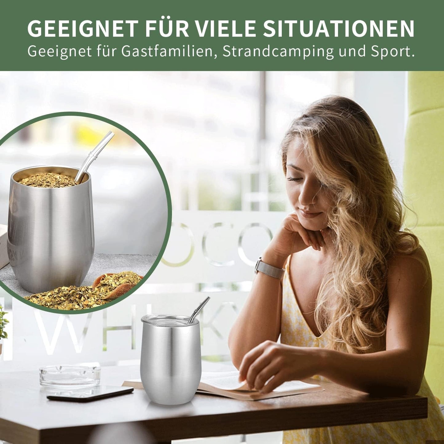 Tasse Mate moderne 340 ml, ensemble de tasses isothermes à double paroi en acier inoxydable Yerba Mate, tasse à thé Mate avec couvercle sans BPA, bombillas et brosse de nettoyage (argent)