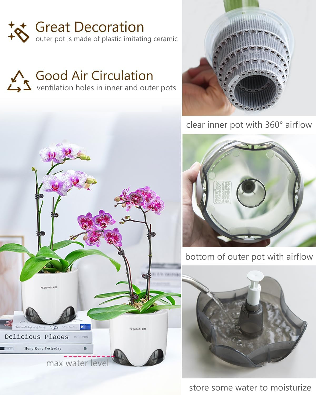 Pot de fleur d'orchidée avec trous de drainage pour la transplantation, excellente circulation de l'air, 2 pièces, plastique double couche, jardinière d'orchidée en céramique, pot de fleur d'orchidée transparent, décoratif
