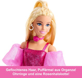 Poupée Barbie Deluxe Style #5 dans une tenue blonde rose métallisée avec un haut corsage scintillant et un pantalon scintillant, avec des accessoires dont un collier rose et un sac à main, JFP40