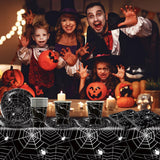 Ensemble de couverts en papier Halloween Spider de 49 pièces comprenant des assiettes, des serviettes, des verres et une nappe. Vaisselle noire avec assiettes à dessert, serviettes et verres.