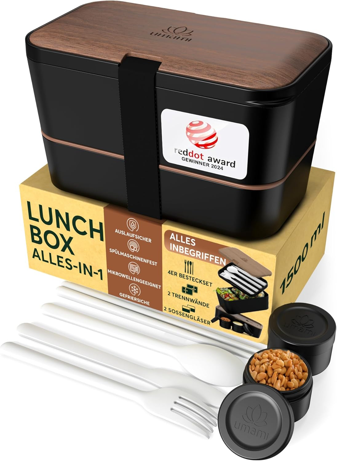 Umami Boîte à lunch pour adultes, 4 couverts et compartiments Boîte à bento empilable étanche, Boîte à lunch adulte, Récipient à salade à emporter, Boîte à lunch pique-nique/bureau, Gris anthracite, 1500 ml Naty Shop Boîtes de conservation des aliments Noyer noir L - 1500 ml Empilables les unes dans les autres