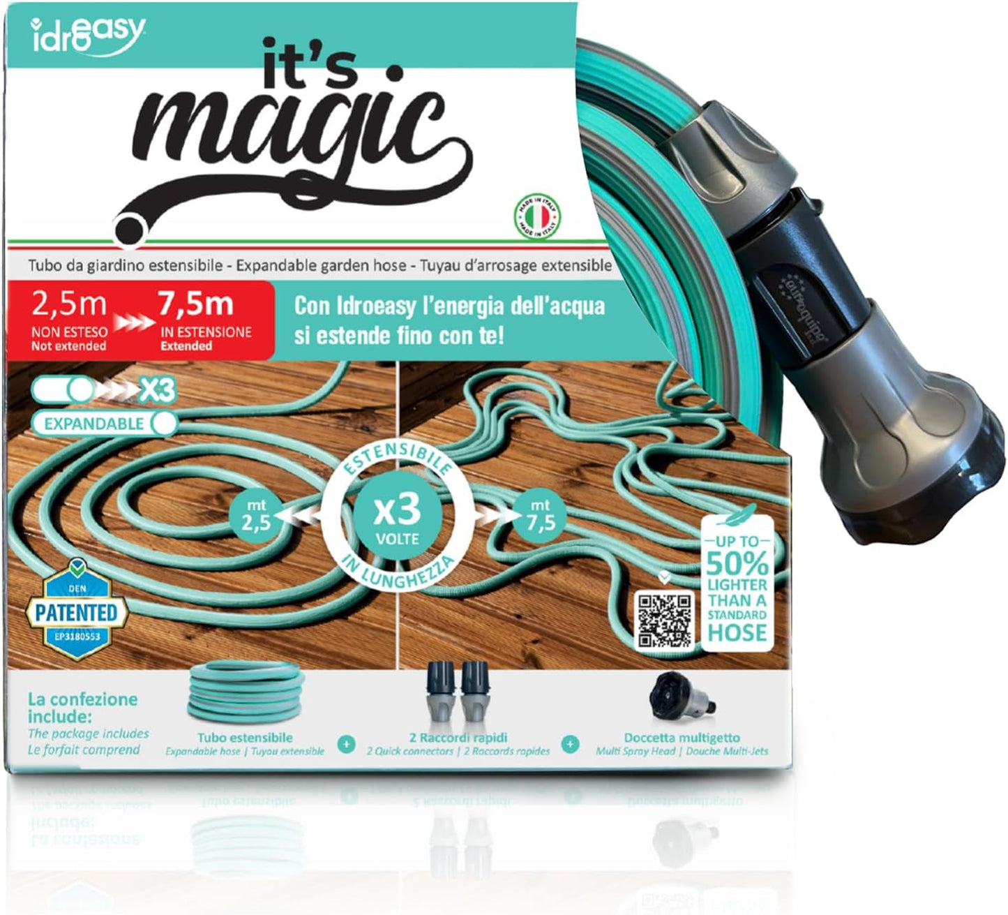 Tuyau d'arrosage extensible jusqu'à 7,5 mètres, 1/2" (12,5 mm), avec douchette et 8 fonctions, Idroeasy