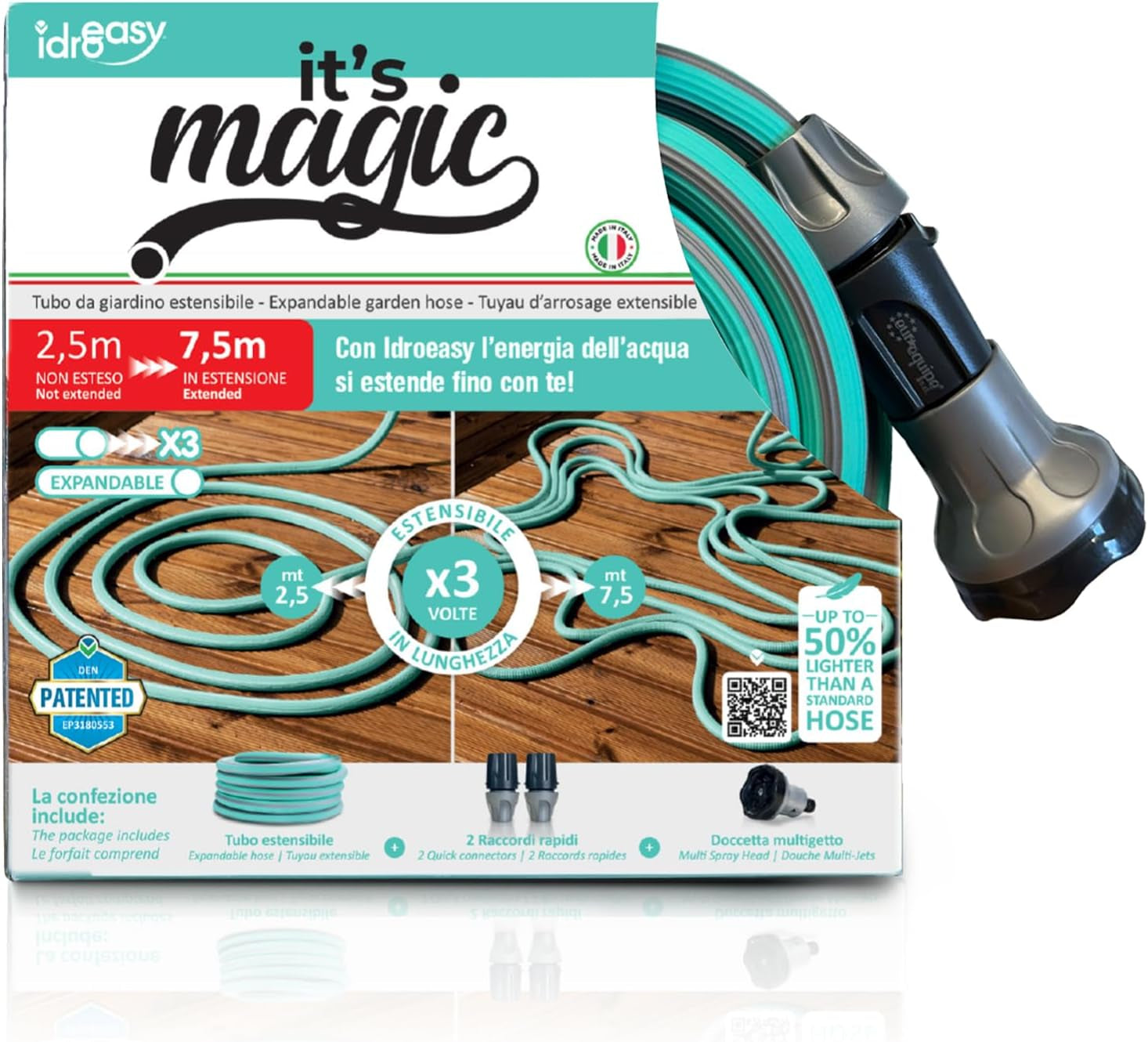 Tuyau d'arrosage extensible jusqu'à 7,5 mètres, 1/2" (12,5 mm), avec douchette et 8 fonctions, Idroeasy