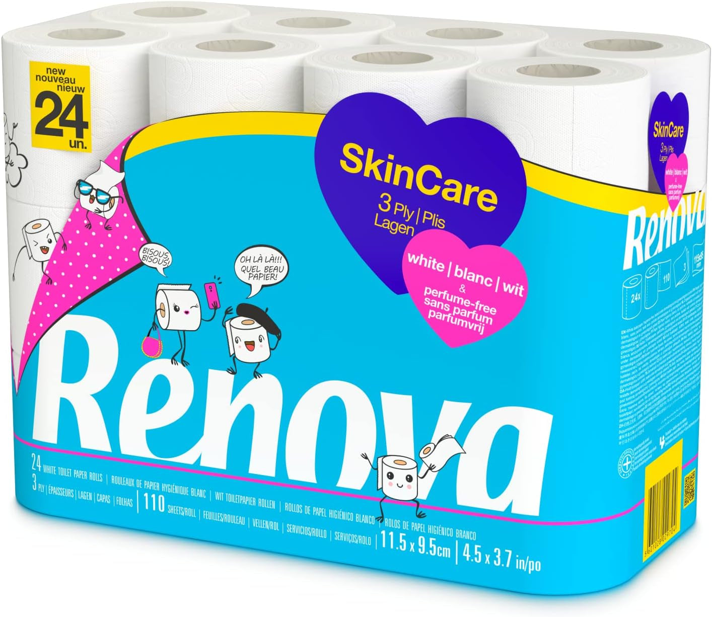Papier toilette Renova Skincare, 3 couches, blanc, 24 rouleaux
