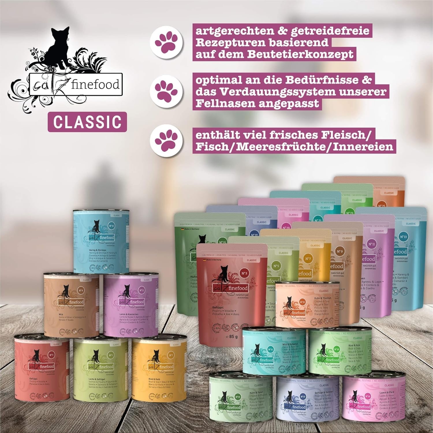 Catz Finefood Classic Collection Mixed Pack Nourriture humide pour chat - Nourriture humide gourmande pour votre chat, sans céréales et sans sucre, à haute teneur en viande, 24 sachets x 85 g