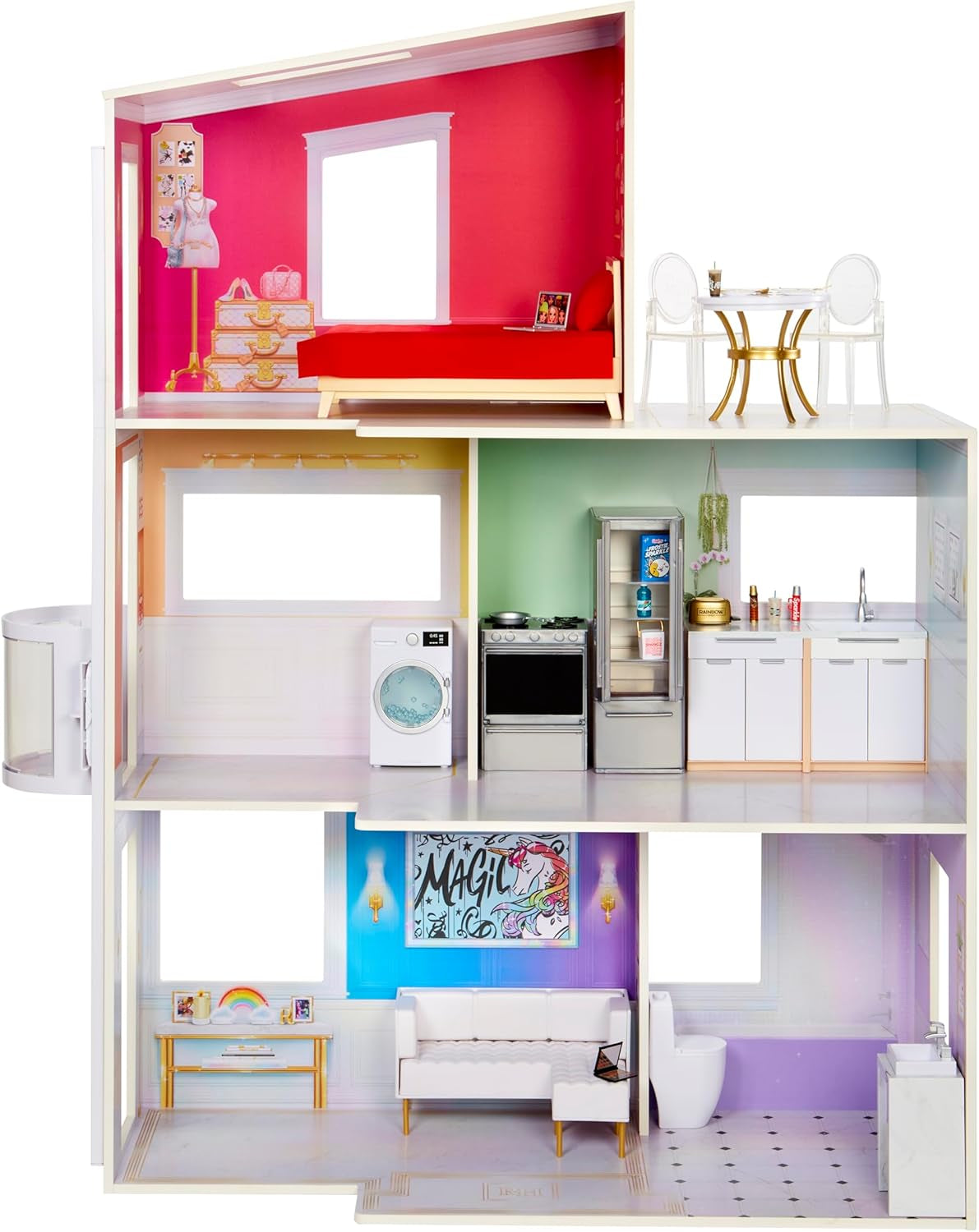 Rainbow High Townhouse - Maison de vacances à 3 étages avec 5 chambres et terrasse - Maison complète avec ascenseur fonctionnel et accessoires - Jeux pour enfants de 4 à 12 ans et plus