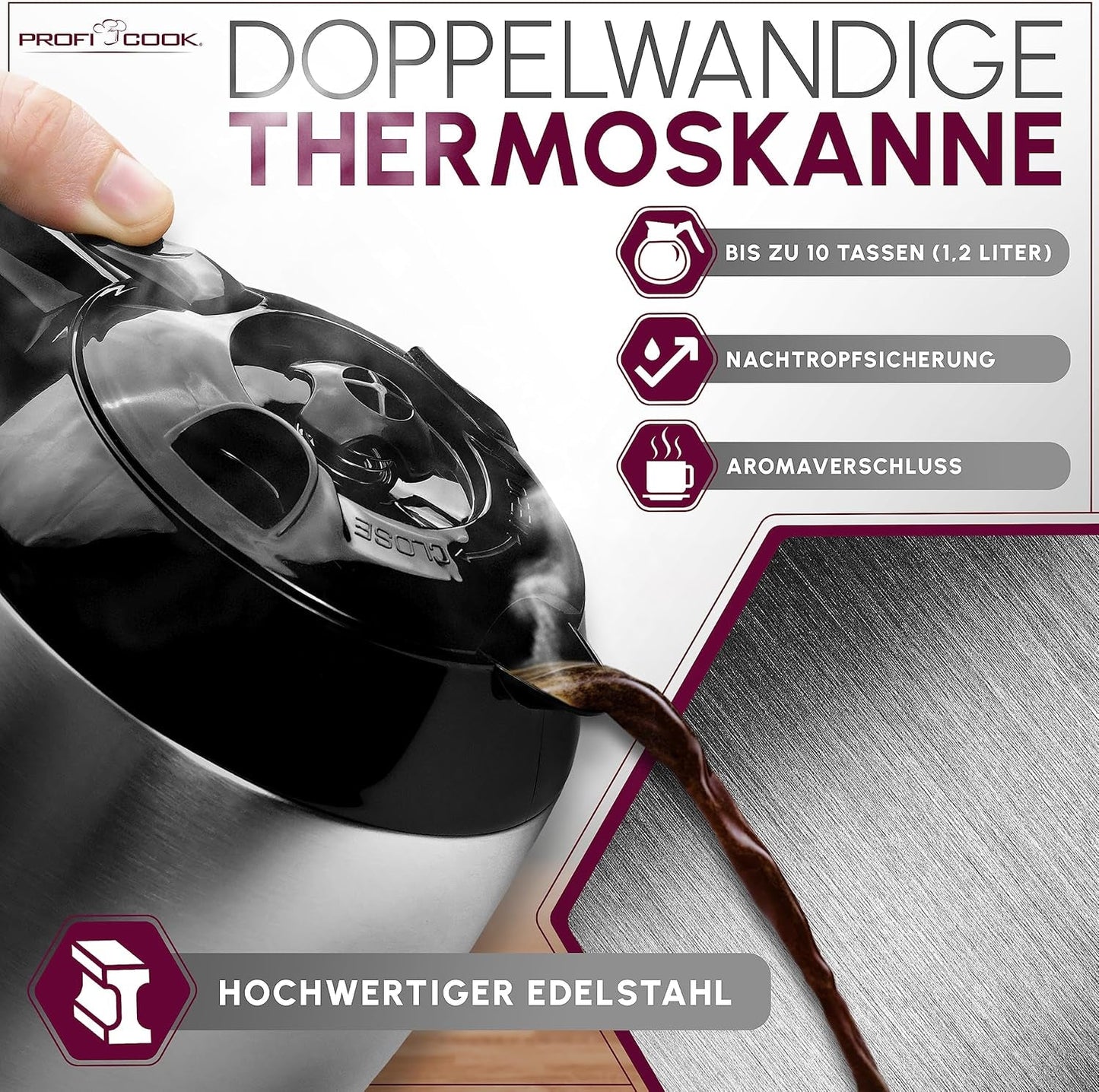 Machine à café Profi Cook | 8-10 tasses | Minuterie | Commandes tactiles à capteur | Carafe thermos à double paroi de 1,2 litre | Sceau de saveur | Cafetière filtre en inox | PC-KA 1191
