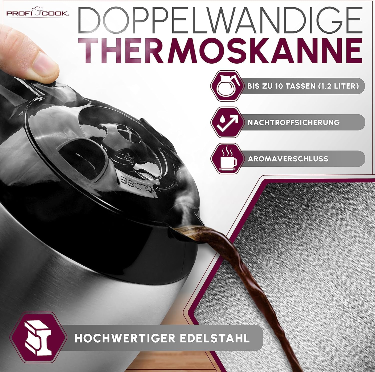 Machine à café Profi Cook | 8-10 tasses | Minuterie | Commandes tactiles à capteur | Carafe thermos à double paroi de 1,2 litre | Sceau de saveur | Cafetière filtre en inox | PC-KA 1191