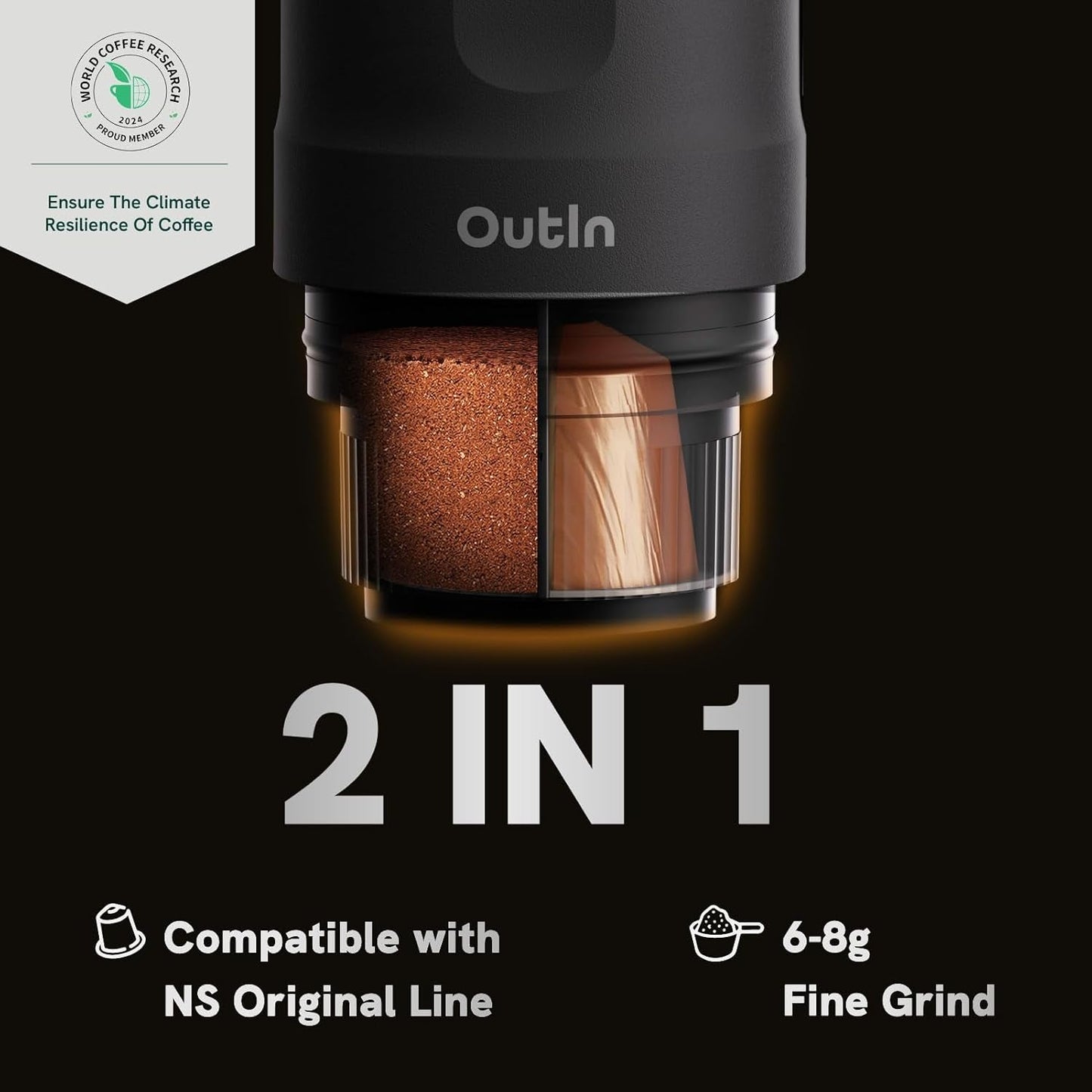 Machine à expresso électrique portable OutIn Nano, cafetière de camping, auto-chauffante USB-C, compatible avec le café moulu et les capsules NS