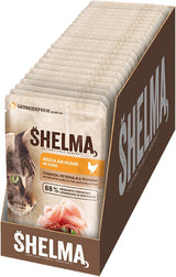 Shelma Nourriture humide pour chat au poulet dans une sauce tomate et herbes – Aliment complet sans céréales à haute teneur en viande – 28 x 85 g (2,38 kg)