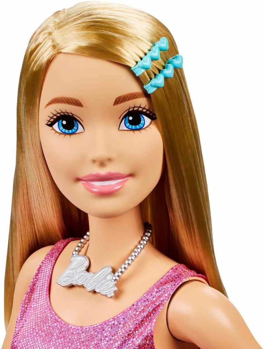 Poupée Barbie Extra Large (71 cm) – Robe rose, cheveux blonds avec pince et collier, cadeau à partir de 3 ans, HJY02