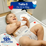 - Couches taille 5 (12-25 kg) - saines et très absorbantes - Protection contre les fuites 12 heures - sans substances indésirables - fabriquées en France - prix abordable - 120 couches jetables