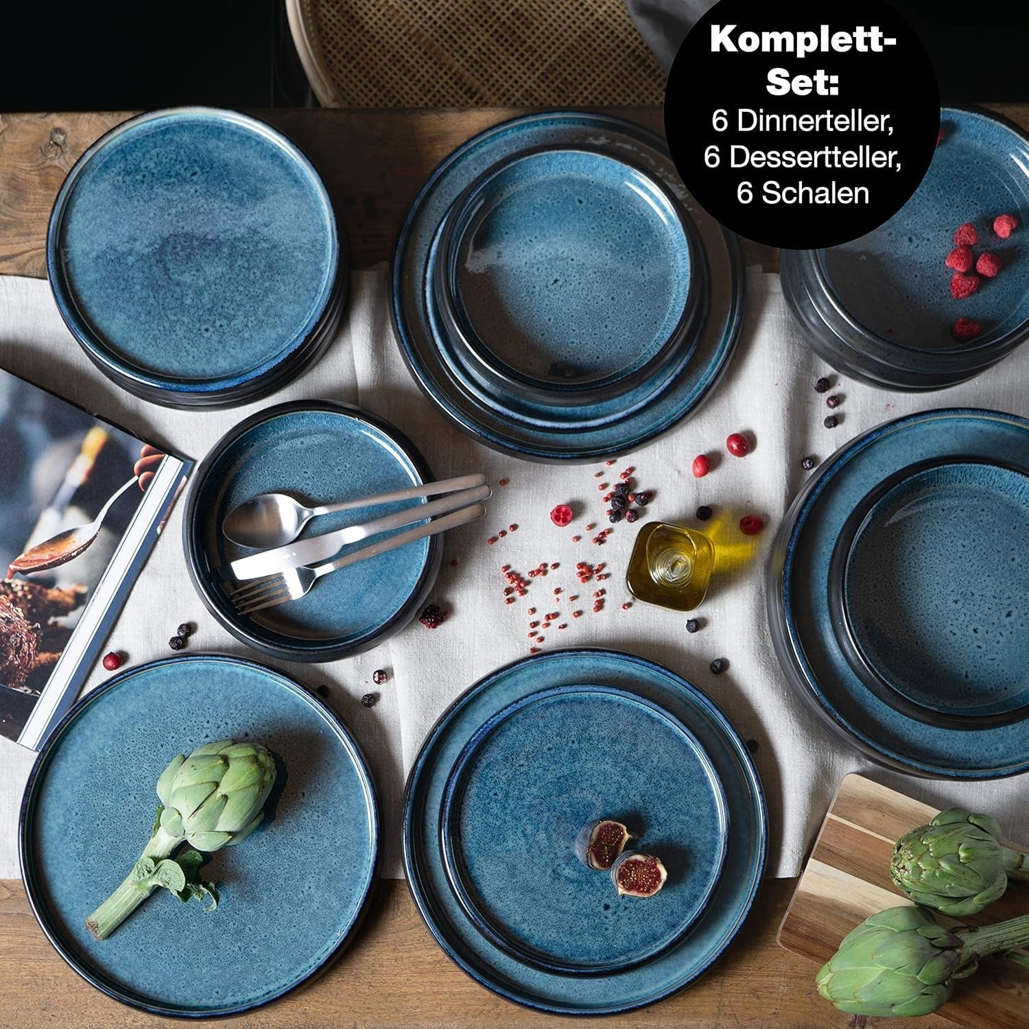 Moritz & Moritz SOLID Service de table en grès 18 pièces pour 6 personnes - Service de table pour 6 personnes, composé de 6 assiettes plates, 6 assiettes plates et 6 assiettes plates