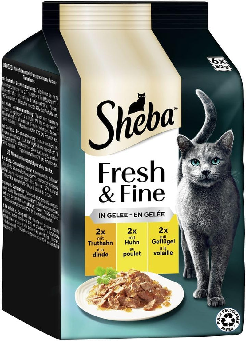 Sheba Portion Pouches Nourriture humide pour chat, paquet multiple de gelée fraîche et fine de dinde et de poulet, 6x6x50g - Nourriture pour chat de haute qualité en gelée de dinde et de poulet