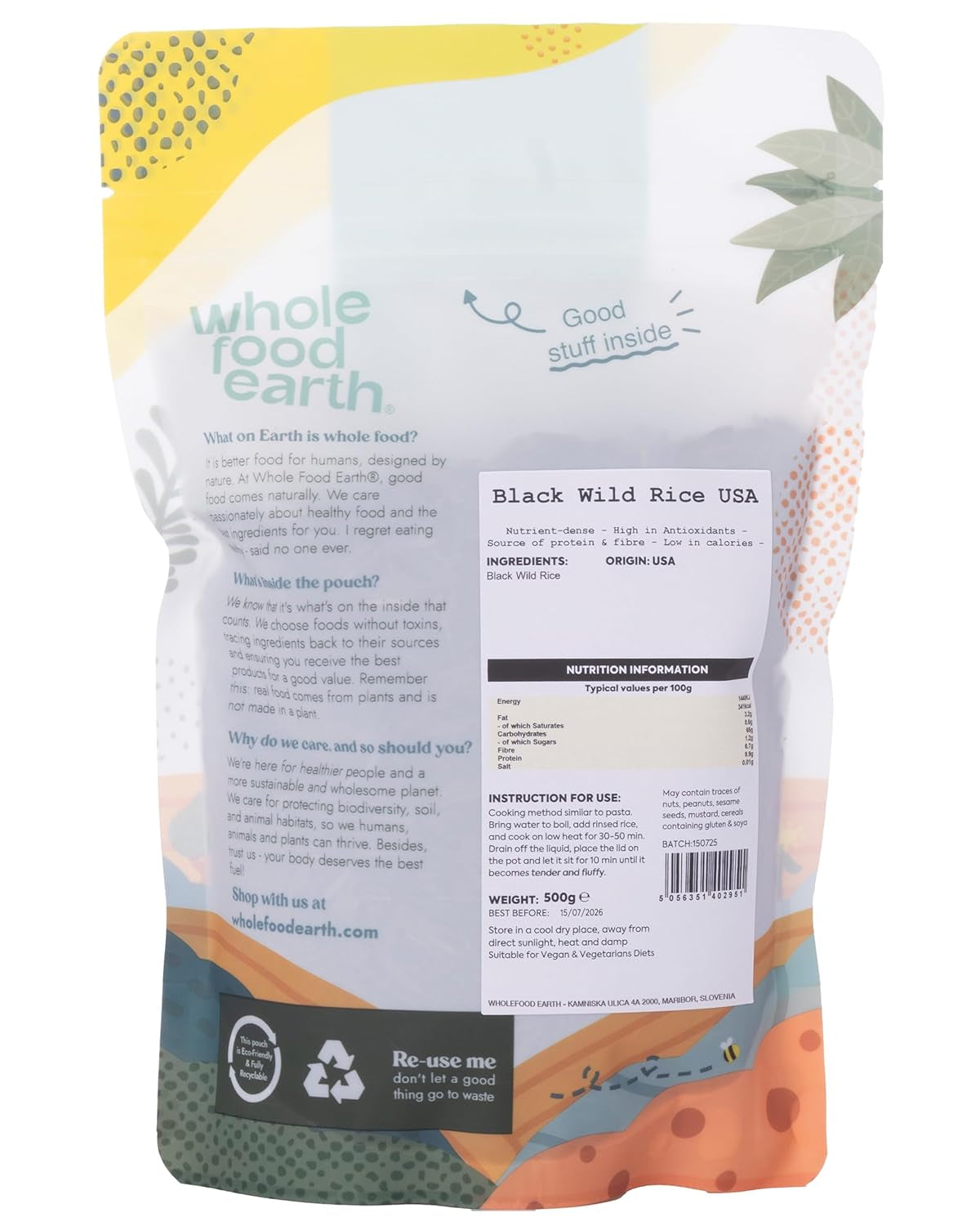 Wholefood Earth USA Riz sauvage noir – Sans OGM – Naturel – Végétalien – Sans produits laitiers – Sans sucre ajouté, 500 g