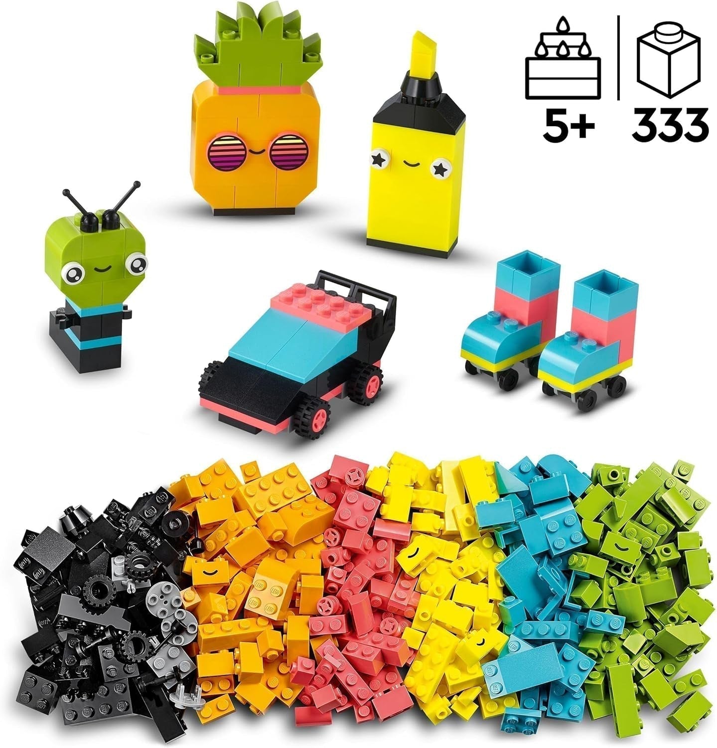 LEGO 11027 Classic Neon Creative Building Set, coffret de briques, jouet de construction avec modèles : voiture, ananas, extraterrestre, patins à roulettes, figurines et plus encore, pour les enfants à partir de 5 ans Jeux de construction Besuche den LEGO-Store