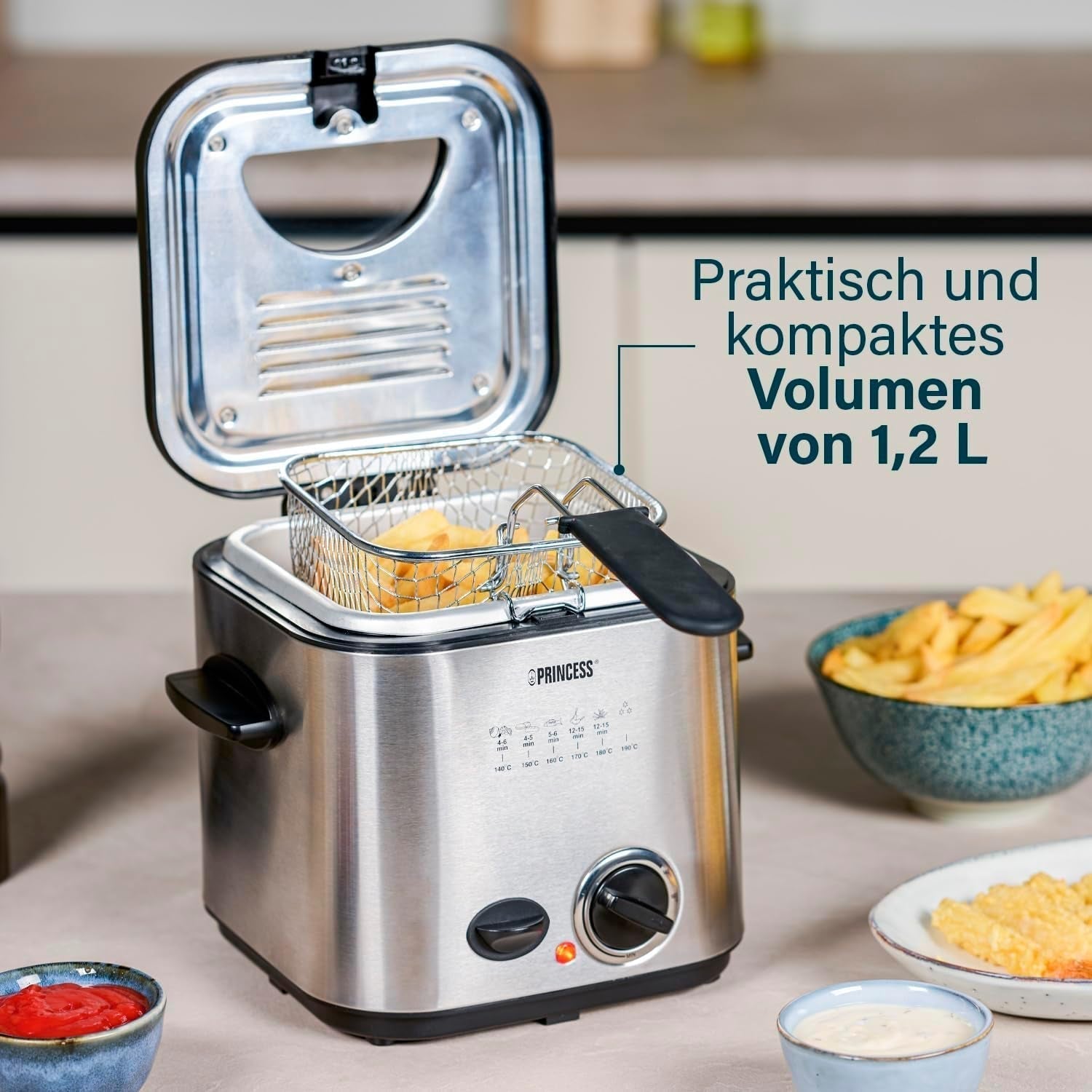 Mini Friteuse à Fondue Princess 182611 - Chauffage Rapide - Filtre à Odeurs - Capacité 1,2 Litre, Argent Électroménager Naty Shop