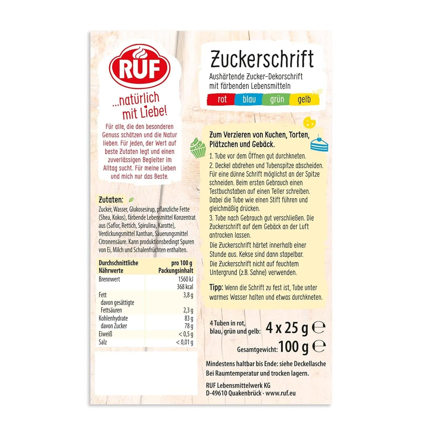 RUF, glaçage pour écrire sur gâteaux, biscuits, gâteaux, sans gluten, végétalien, 4 x 25 grammes Glaçages et décoration Naty Shop
