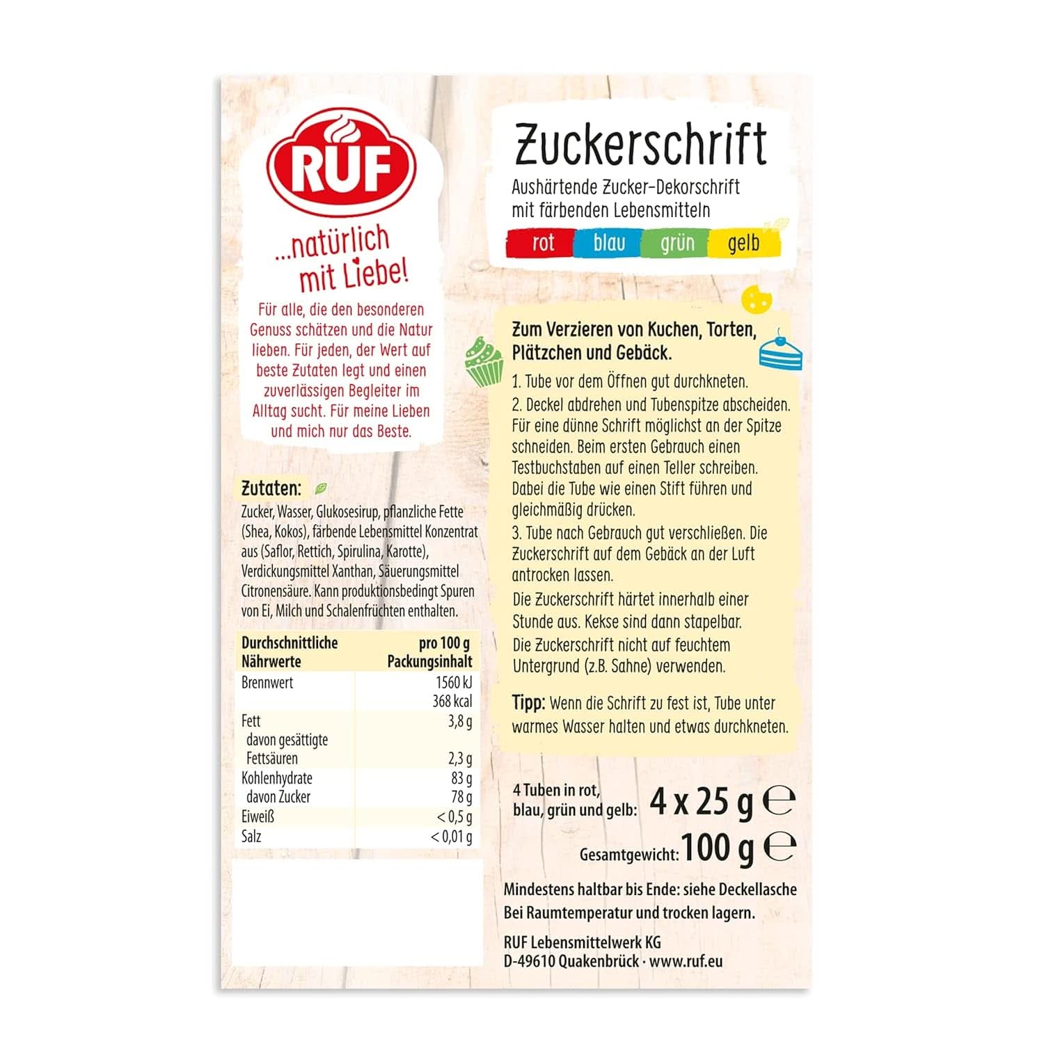 RUF, glaçage pour écrire sur gâteaux, biscuits, gâteaux, sans gluten, végétalien, 4 x 25 grammes Glaçages et décoration Naty Shop