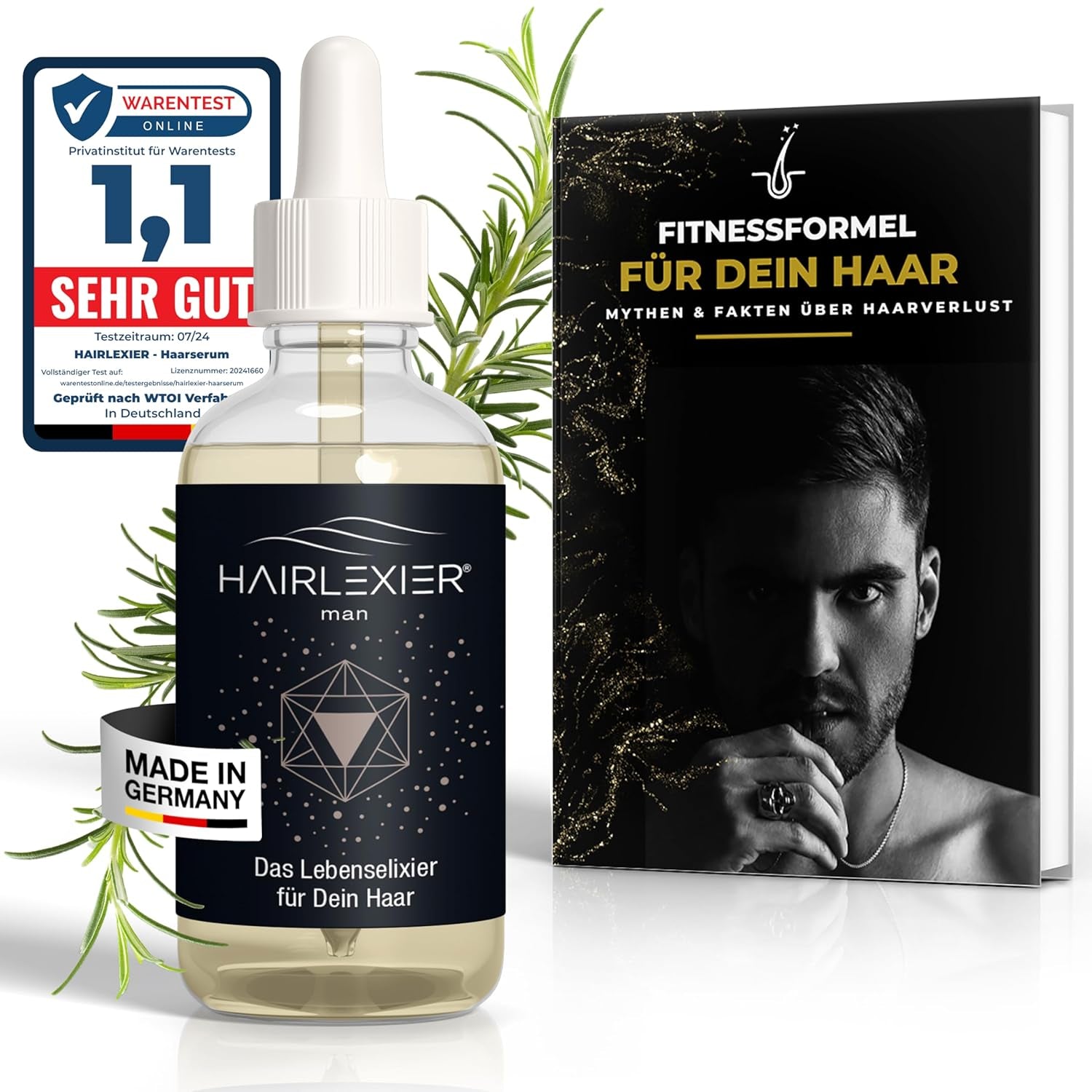 Hairlexier Remède pour la croissance des cheveux pour femme - Huile capillaire au romarin, huile capillaire à l'huile de ricin, huile de lavande, sérum capillaire naturel contre la chute diffuse des cheveux, soutient la croissance des cheveux, végétalien et biologique + cahier de soins capillaires Naty Shop Men