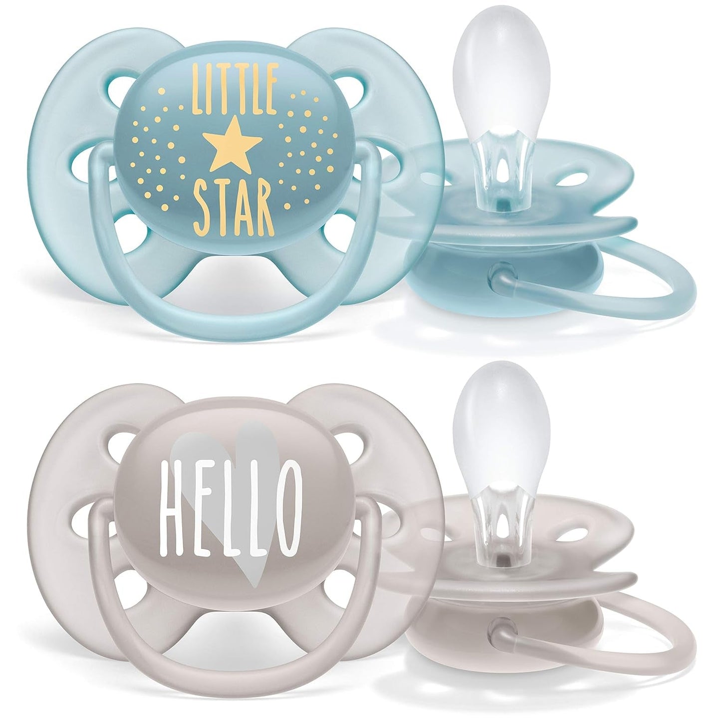 Sucettes Philips AVENT Ultra Soft - paquet de 4 sucettes extra douces sans BPA pour bébés âgés de 0 à 6 mois, comprenant étui de transport et stérilisation (Modèle SCF091/35)