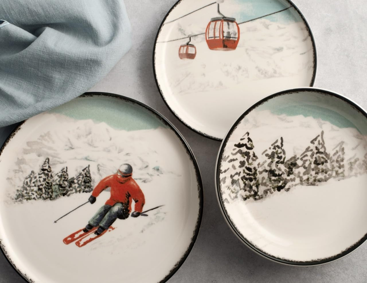 Winter Escape Service de table de Noël 12 pièces en grès – Design skieur d'hiver nordique – Passe au lave-vaisselle et au micro-ondes